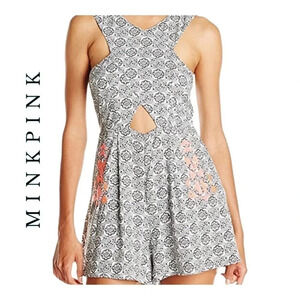 1411. MINKPINK NIGHT RIDER EMBROIDERED ROMPER SIZE LARGE BLACK/WHITE/NEON ORANGE